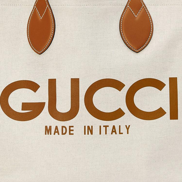 Gucci Logo Print Adjustable Strap Cotton Linen Canvas Tote Bag Women Tote Bags Beige 772144-FACUL-8451