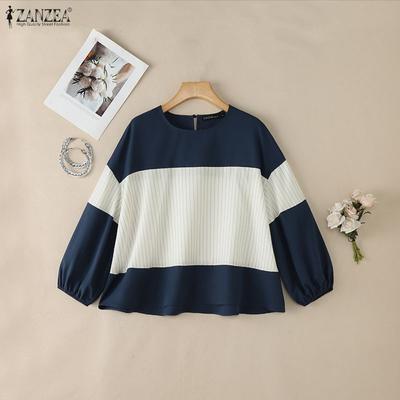 Women Casual Round Neck Loose Stripe Patchwork 3/4 Sleeve Blouse