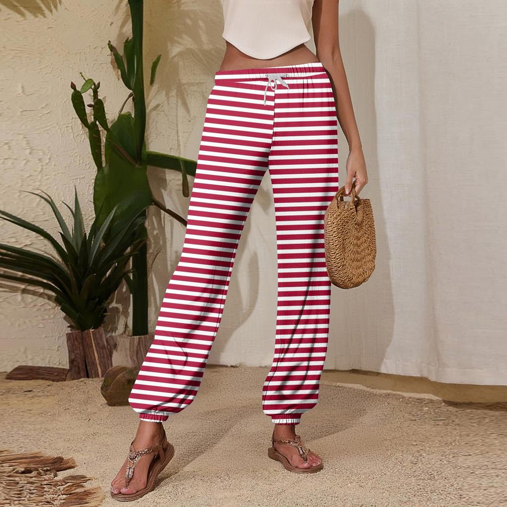 Women's Casual Striped Sweatpants with Drawstring Elastic Waist and Cuffed Hem