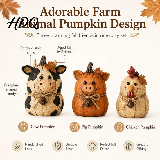 Handmade Felt Animal Figurines Rustic Farmhouse Ornaments Cute Cow/Pumpkin/Rooster Figurines Decorative Animals Fall Tabletop Decorations with Hemp