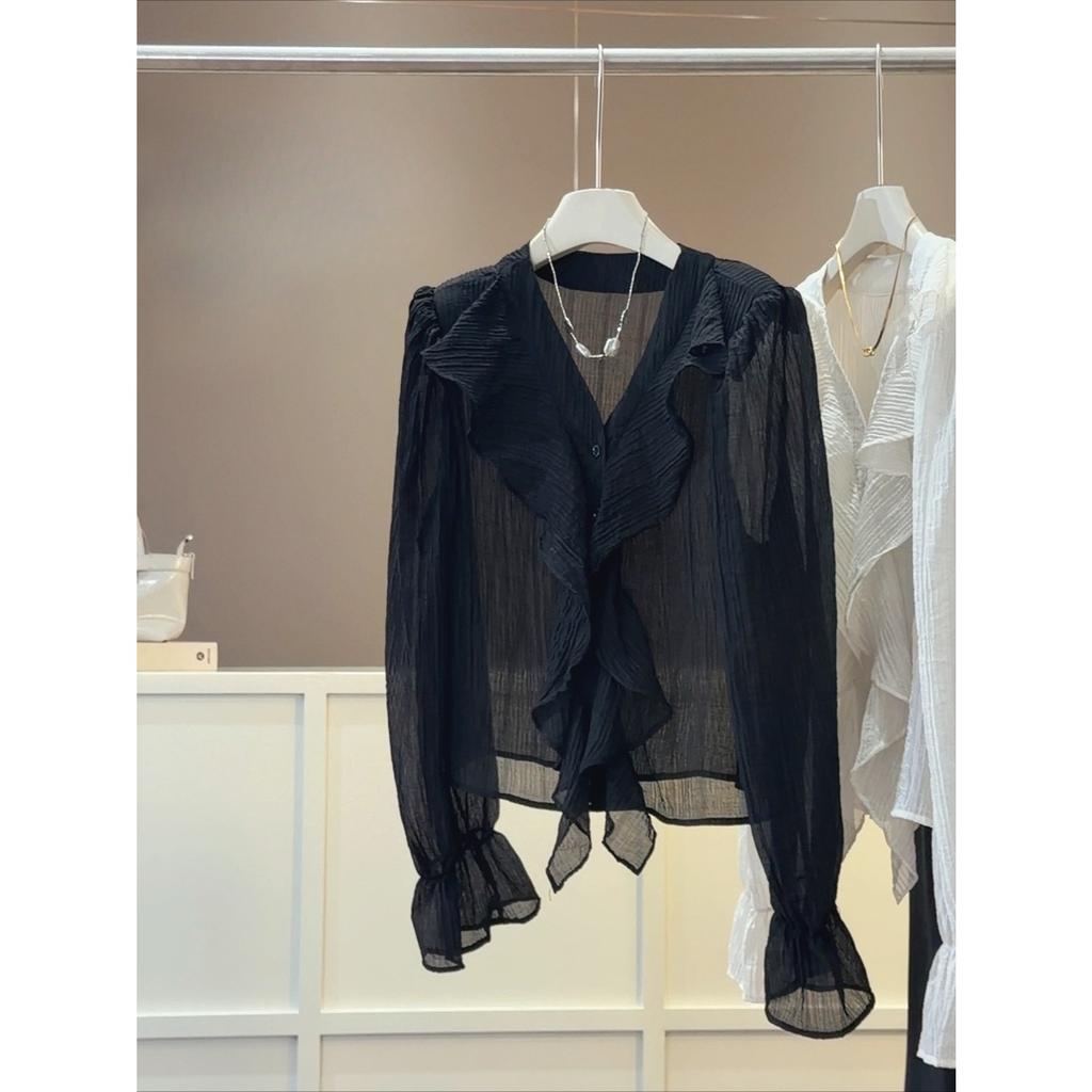Women's V-Neck Long Sleeve Blouse Ruffle Flounce Chiffon Loose Casual Summer Top