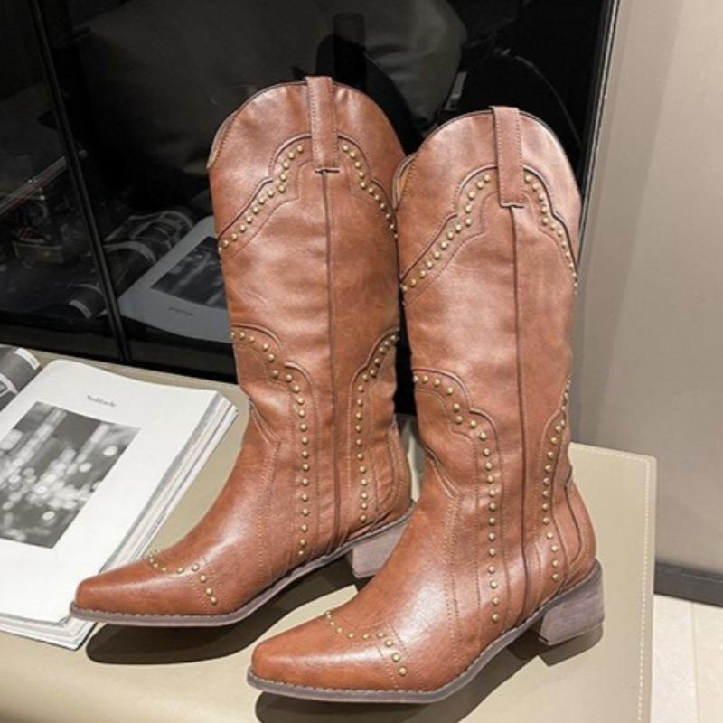 Dámské kozačky pod koleno Retro Nýtované Rytířské Boty Módní Špičaté Dlouhé Boty Vysoce Kvalitní Dámské Kožené Boty Westernové Kovbojské Boty