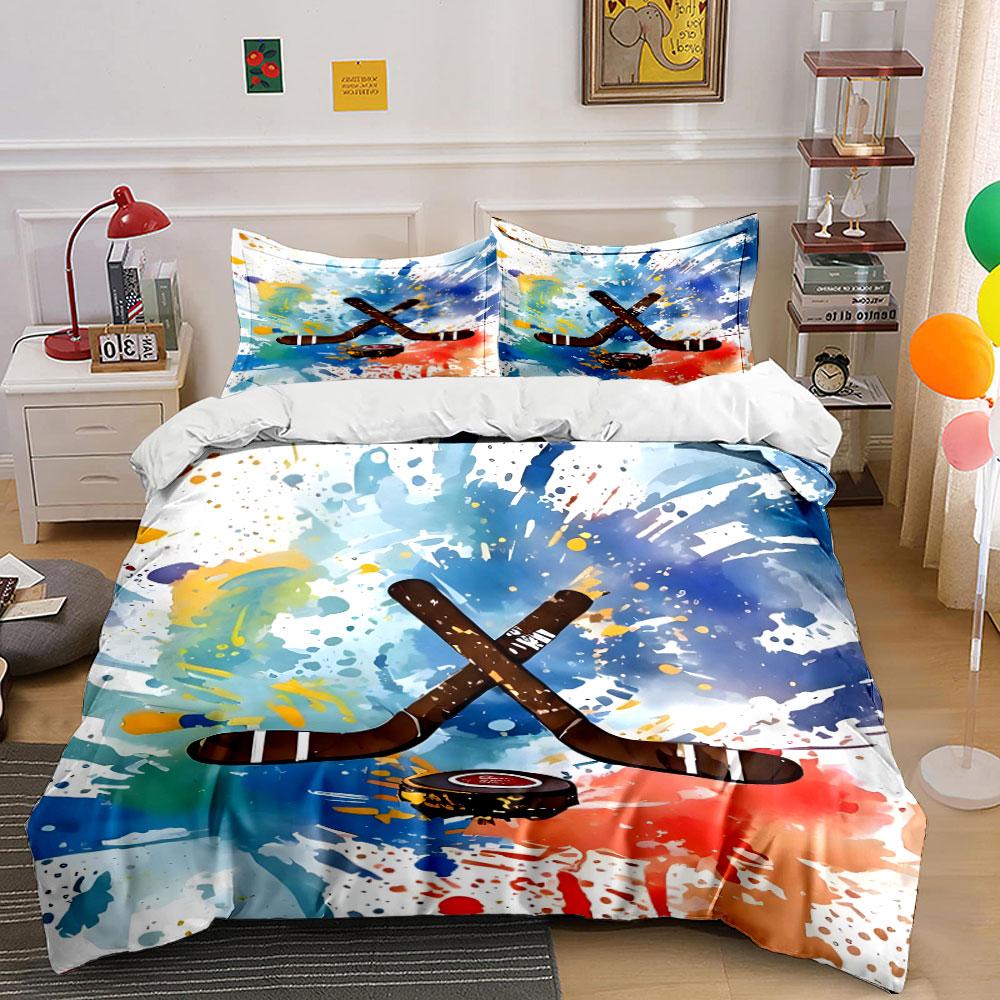 Color Splashes With Hockey Gear Print Soft Comfortable Duvet Cover Bedding Set Included 1*Duvet Cover  2*Pillowcases