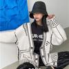 Women Unique Long Sleeve Graffiti Print Sweater Cardigan Autumn Winter V-neck Knitted Cardigans Female Y2k Loose Lazy Knit Coat