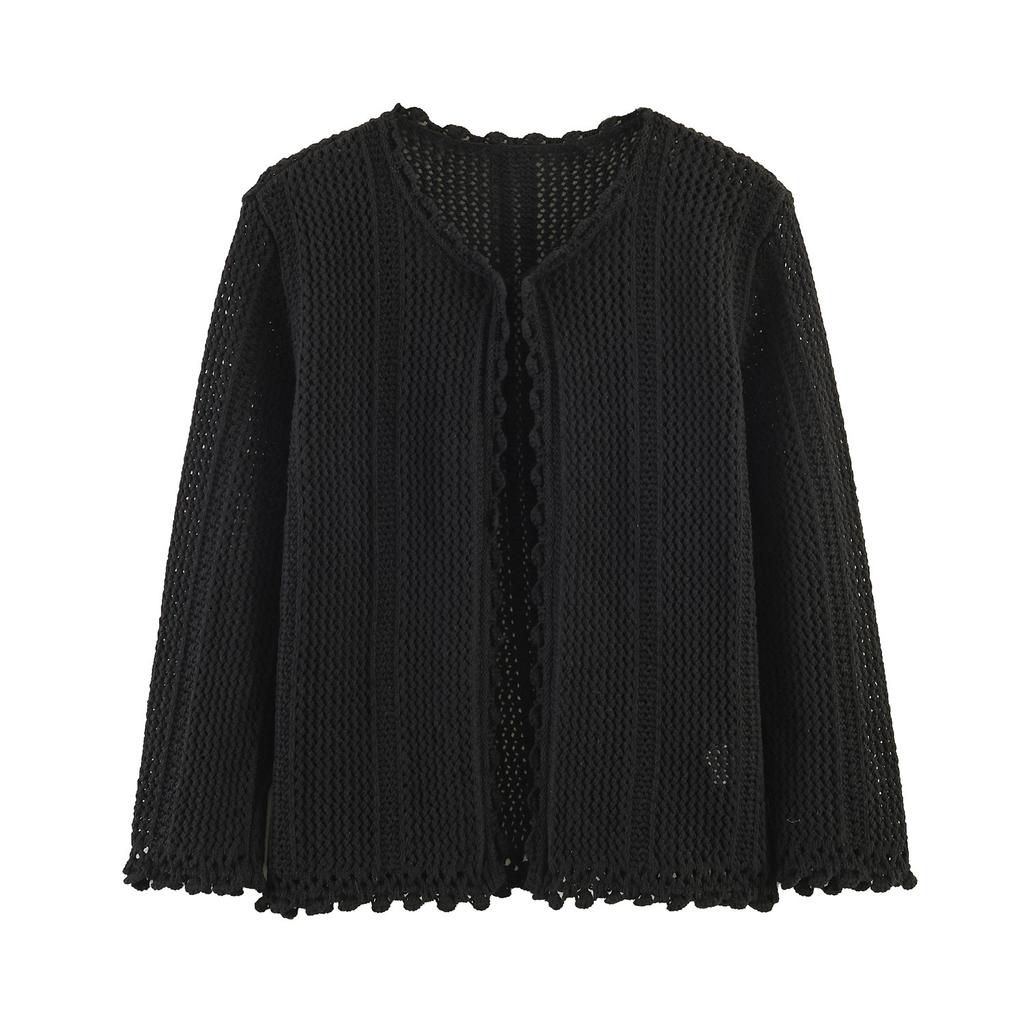 Women Long Sleeve Crew Neck Hollow Knit Cardigan