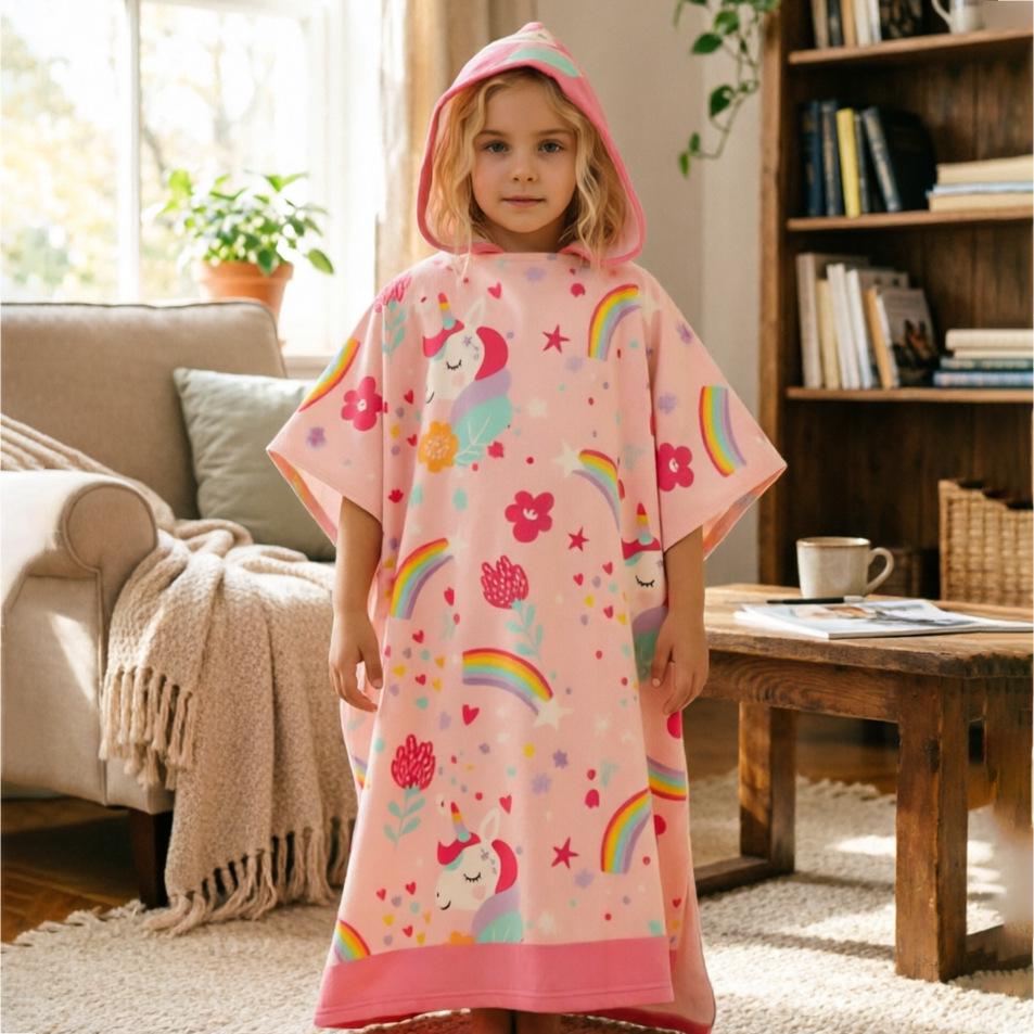 Ultra-Fine Fiber Cartoon Print Kids' Hooded Bath Towel Poncho