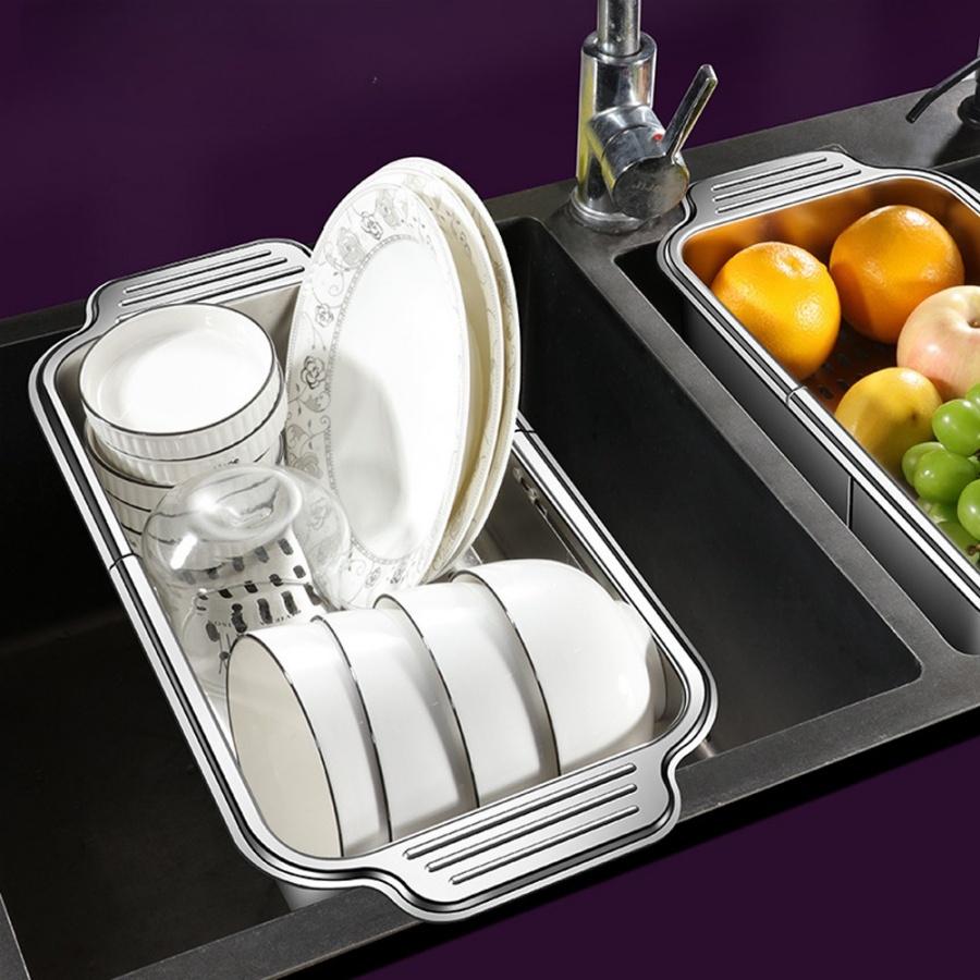 Stainless steel telescopic sink filter basket adjustable length used for cleaning fruits draining spaghetti and dishes