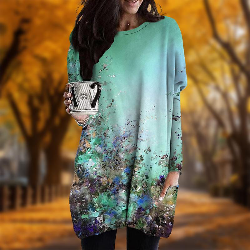 New In Autumn Oil Painting Flowers Print Plus Size Dress Women O'neck Long Sleeves Casual Pocket Dresses