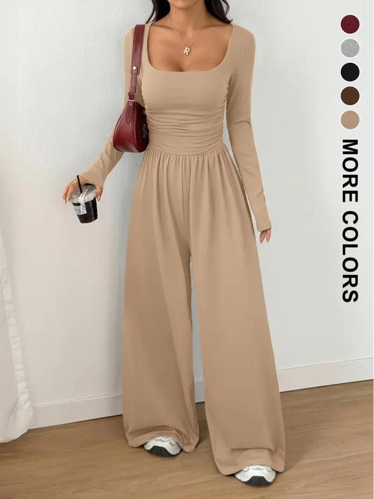 New Style Long Sleeve Women's Casual Wide Leg Solid Color Slimming Jumpsuit