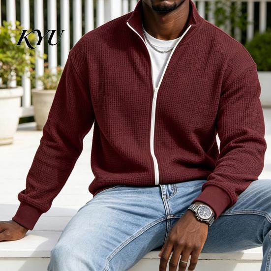 Men's Suede Bomber Jacket Waffle Knit Zip Up Jacket, Long Sleeve Laydown Collar Breathable Spandex Blend Blazer Casual Cardigan Sweatshirt,