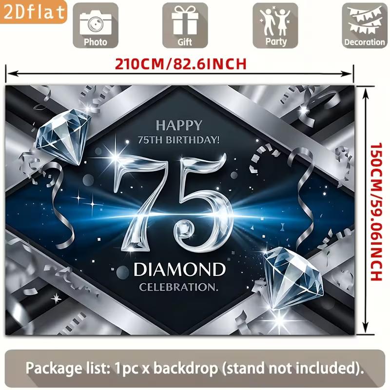 2D 75th Birthday Photography Backdrop Diamond Celebration & Silver Confetti Party Background