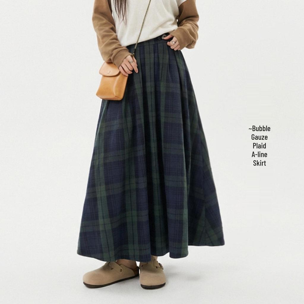 Maden Retro Cotton Gauze Plaid Maxi Skirt: Elastic Waist, Textured A-line Umbrella Design for Women