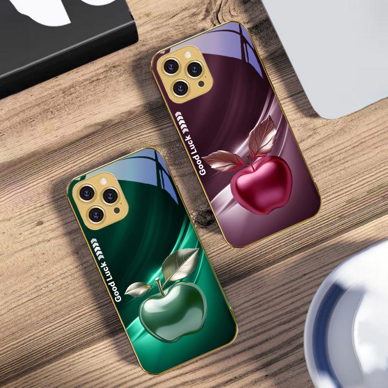 Simple Black Happy Apple For IPhone 16 Pro Max 15 P Ro 14 13 Plus 12 Mini 11Pro Max XS Max XR Golden Tempered Glass Phone Case