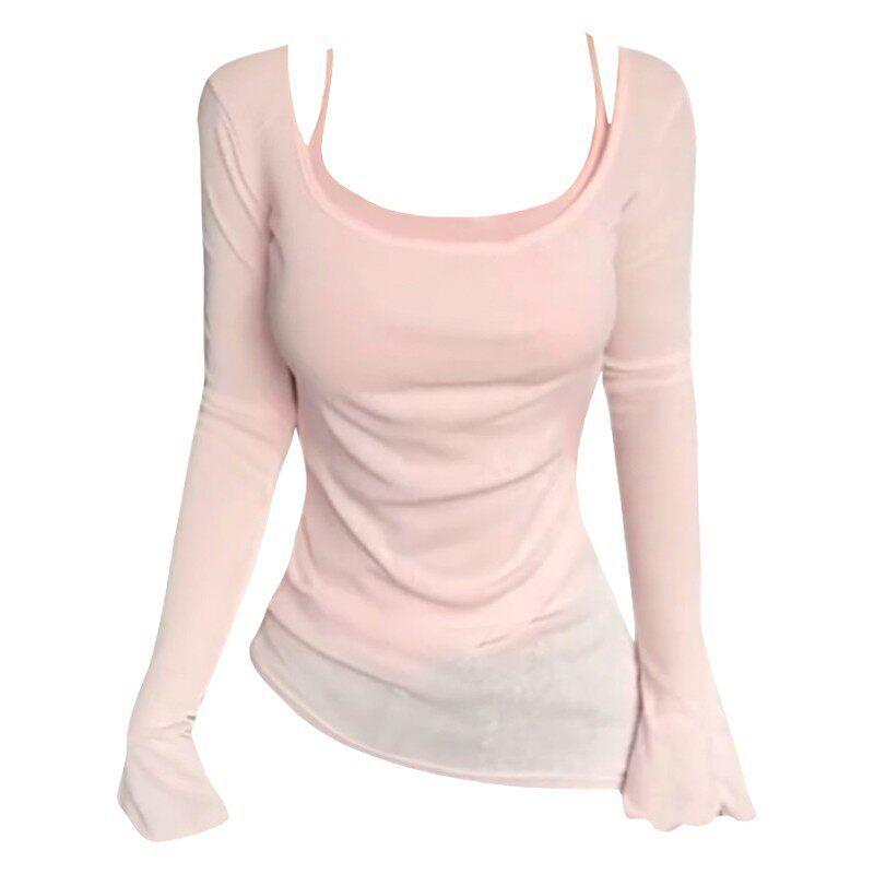 

U-Collar Horn Sun Protection Shirt Pure Desire Fake Two-Piece Long Sleeves T-Shirt Pink Top Two-Piece Set [High Quality] S