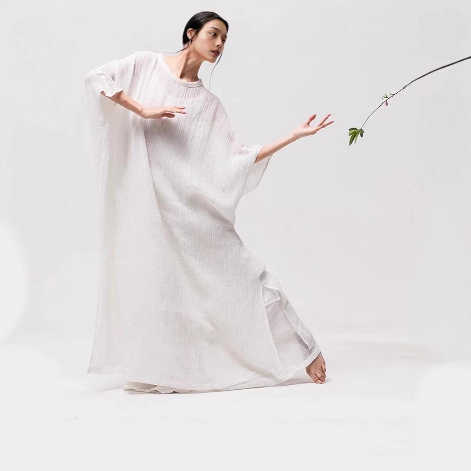 

Женский комплект из 3 предметов в новом китайском стиле дзен: Свободное платье из рами большого размера и белое длинное кимоно из хлопка и льна Large белый