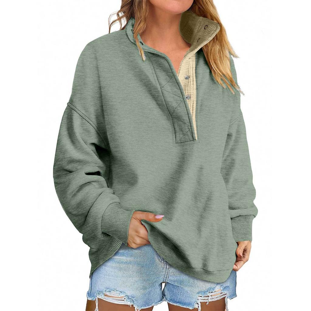 Women's Fashion Long Sleeve Solid Color Pullover Sweatshirt Casual Loose Button Sweatshirt