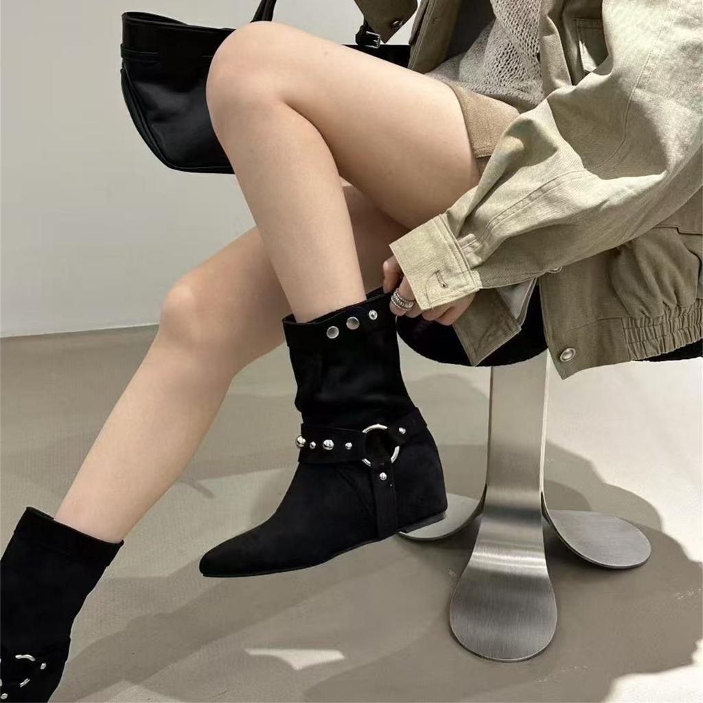 Inner Height Increasing Suede Western Cowboy Boots Women's Boots 2025 Autumn Pointed Brown Merad Liuding Martin Boots