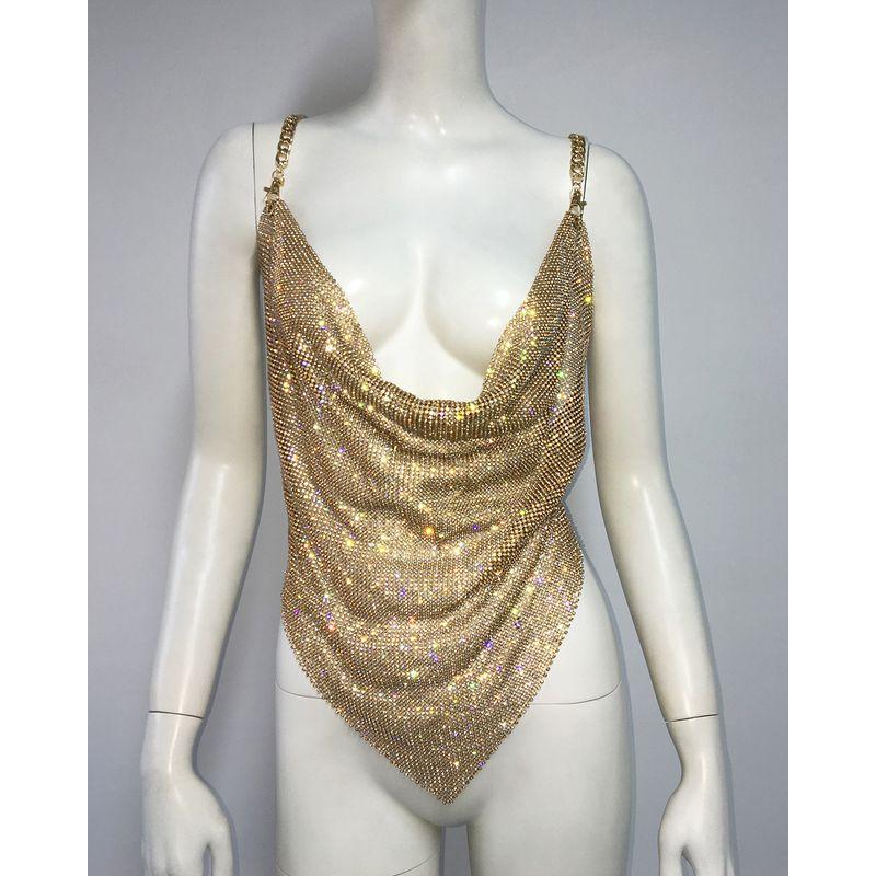 Sexy Irregular Vest Spring Women's Metal Rhinestone Tops Sexy Asymmetrical Vest Chain Sling