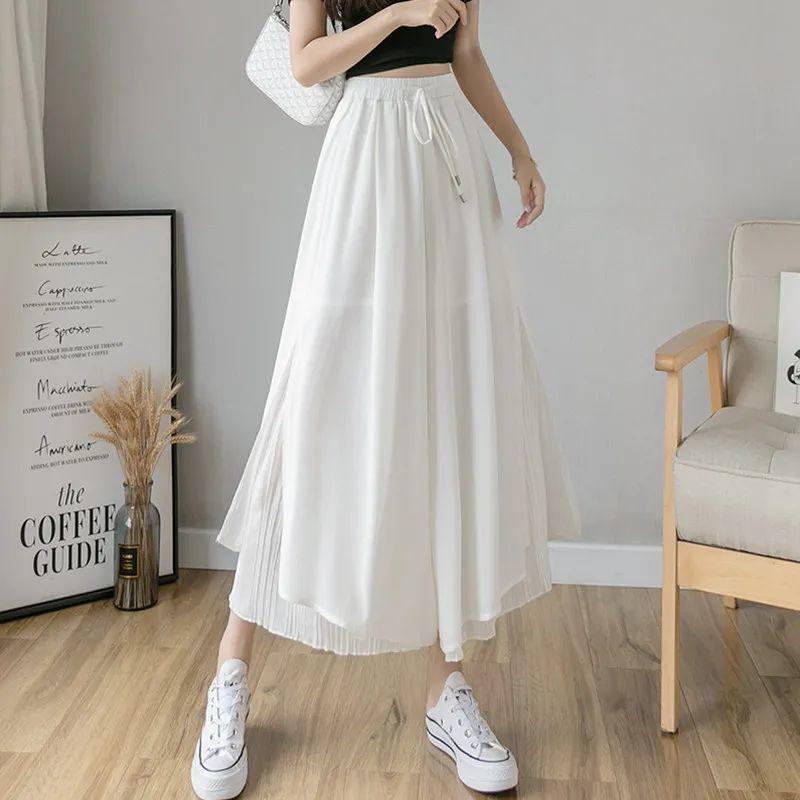 Chiffon High-Waisted Black Wide-Leg Cropped Pants for Women - Korean Style, Loose Fit, Slimming.