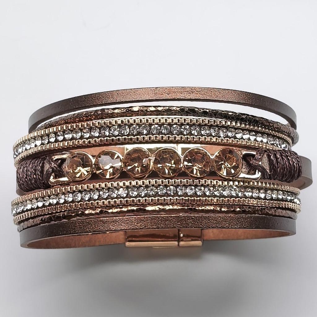 Bohemian Multilayer Geometric Leather Bracelet with Wide Edge and Magnetic Buckle - Ethnic Style Rhinestone Hand Jewelry
