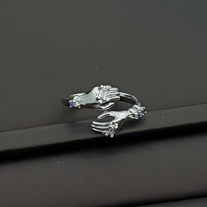 Fashion Cross Double-Row Pink And White Zir*****Pening Adjustable Ring Temperament Color Treasure Exquisite Niche High-End Ring