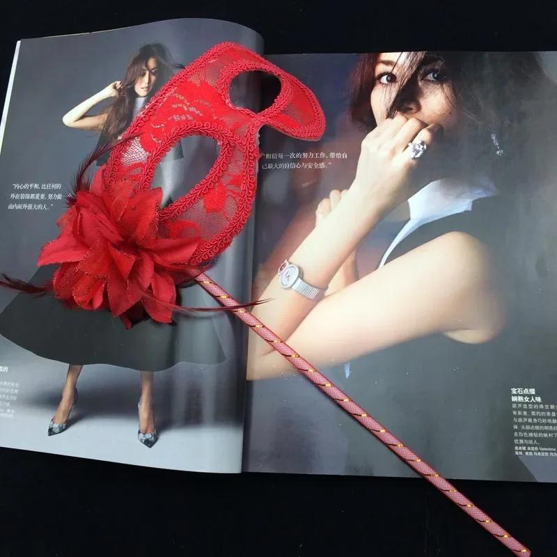 NEW Venice Princess Masquerade Mask Handheld Side Flower Translucent Feather Lily Mask Flat Head Lace Handheld Mask Accessories