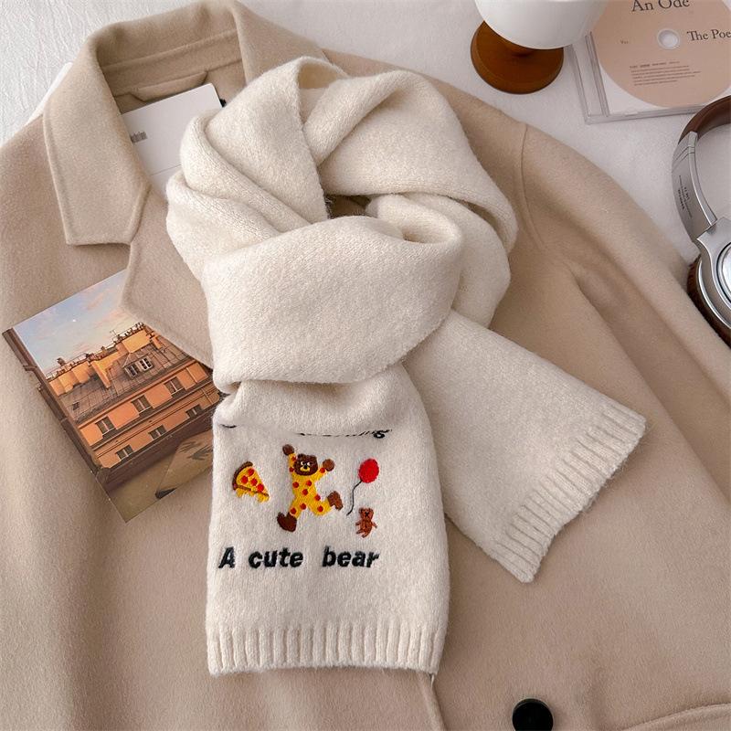 Bufanda de lana tejida bordada con oso para mujer, invierno, nueva, de alta gama, cálida, engrosada, color marrón puro