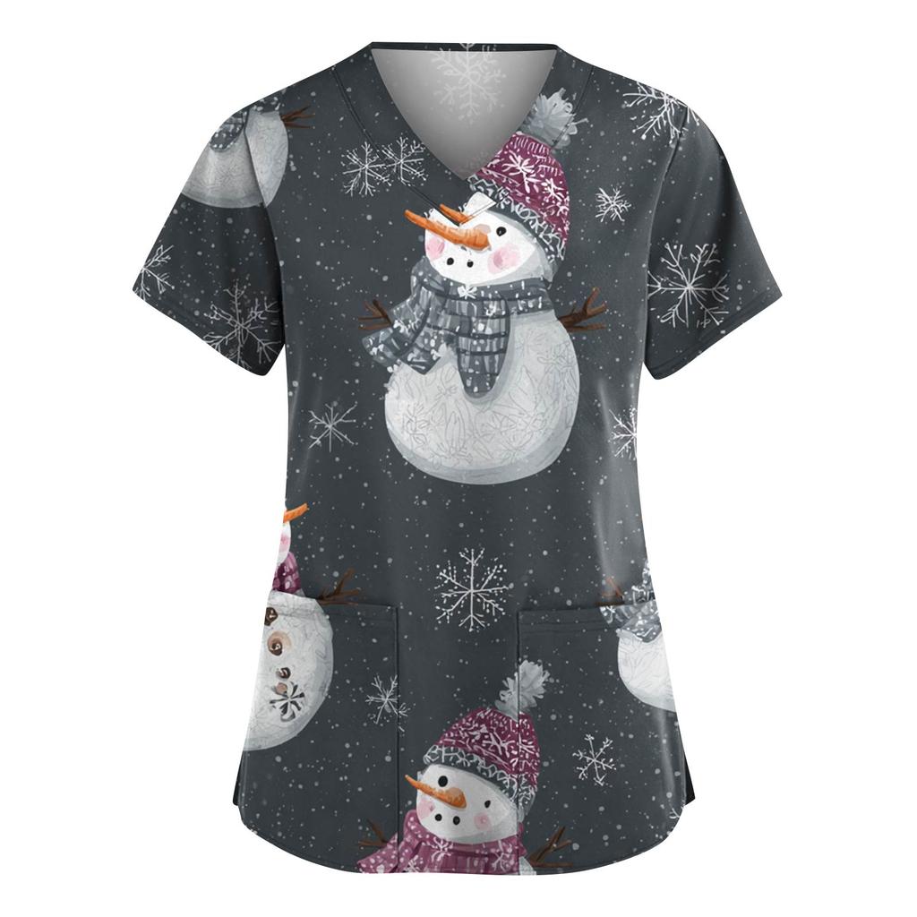 Dámská móda Výstřih do V Krátký rukáv Pracovní oděv s kapsami Vánoční potisk Top Uniforma pečovatele