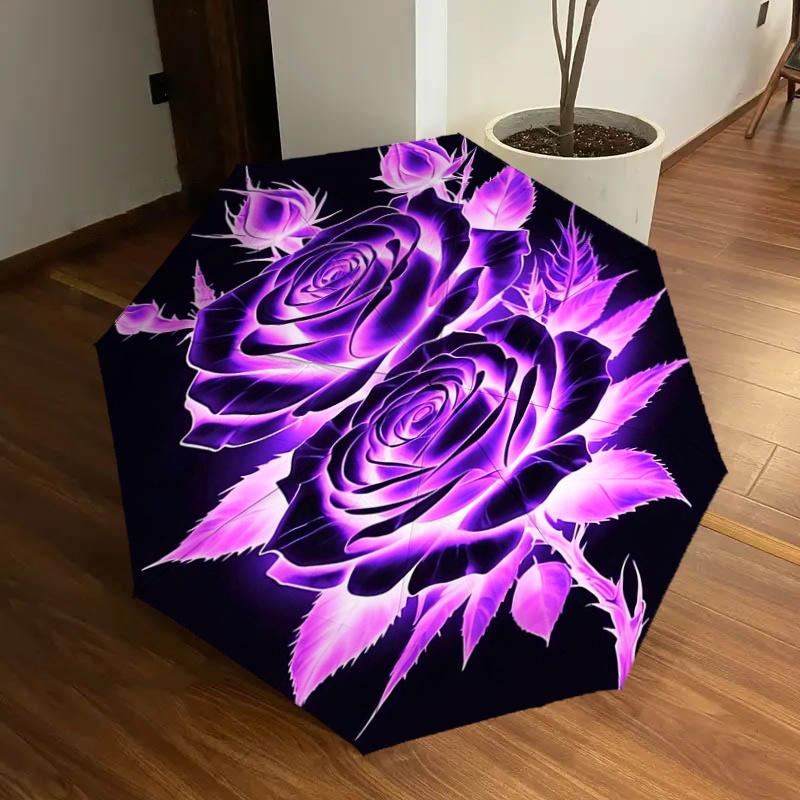 

Fluorescent Purple Rose Auto-Open Close Umbrella - Foldable Design, 8-Bone Iron Frame, Outdoor, Festival Gift for Fans, Travelers, Daily Use