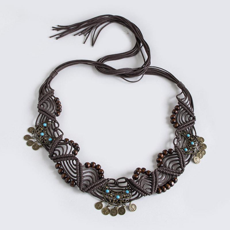 Bohemian Waist Belt Ethnic Style Handwoven With Coin And Moon Details For Vacation Wear
