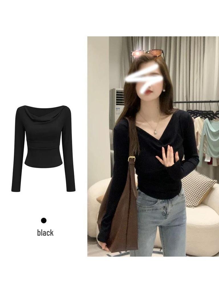 Women's Off-Shoulder Long Sleeve Swing Collar T-Shirt - Slim Fit, Elastic Base Layer for Spring/Summer