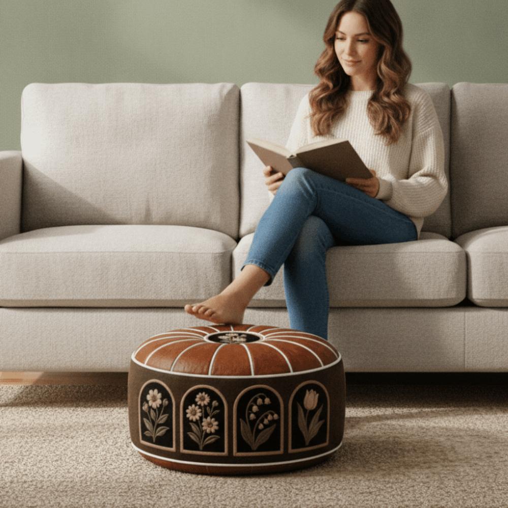 Unfilled Oil Painting Pattern Stool Cover PU Leather Floor Seat Cushion Home Decor