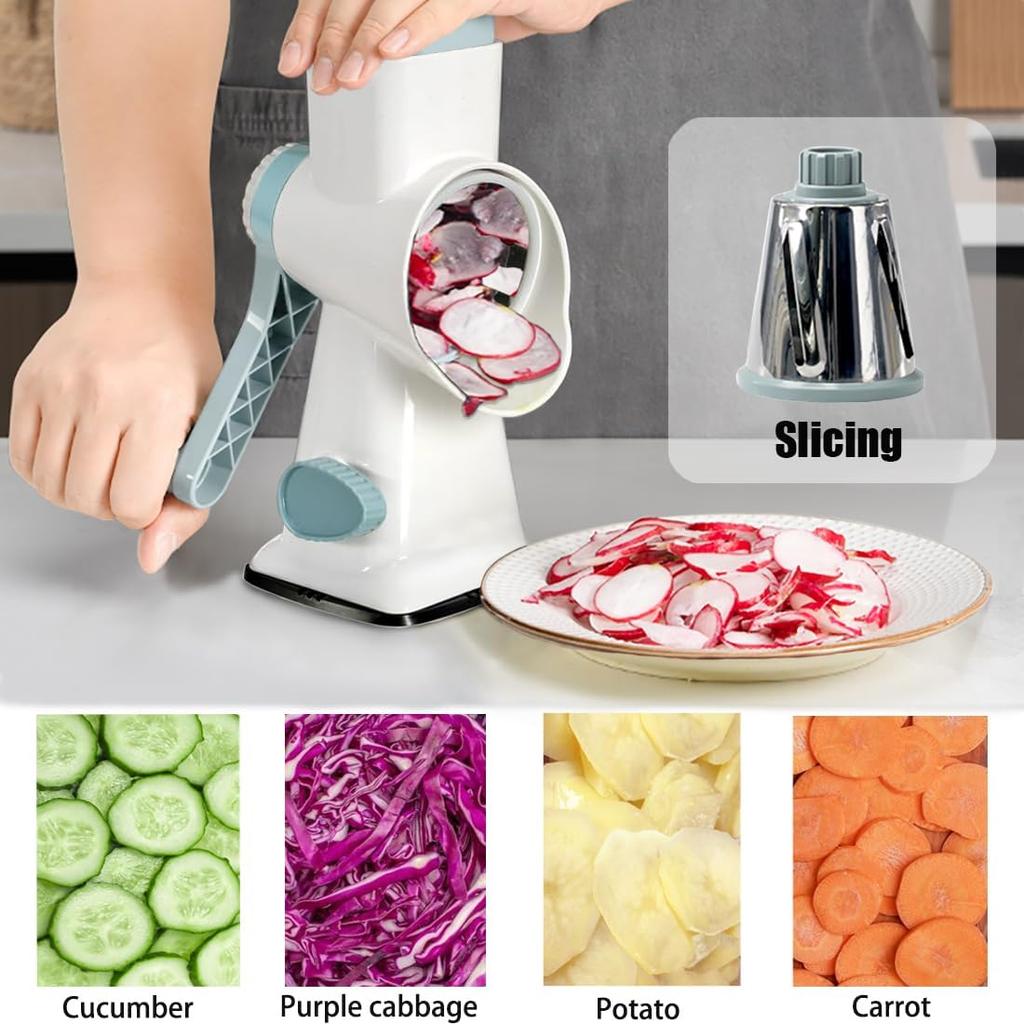 Rotary Cheese Grater Shredder with Handle Handheld Round Mandoline Vegetable Slicer Carrot Shredder Nut Grinder with 3 Replaceable Stainless Steel