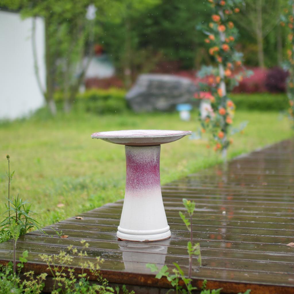 Handmade Ceramic Bird Bath (diameter 43 Cm, Height 45 Cm), White-Red-Pink Gradient Glaze with Wave Pattern, for Garden, Patio and Balcony