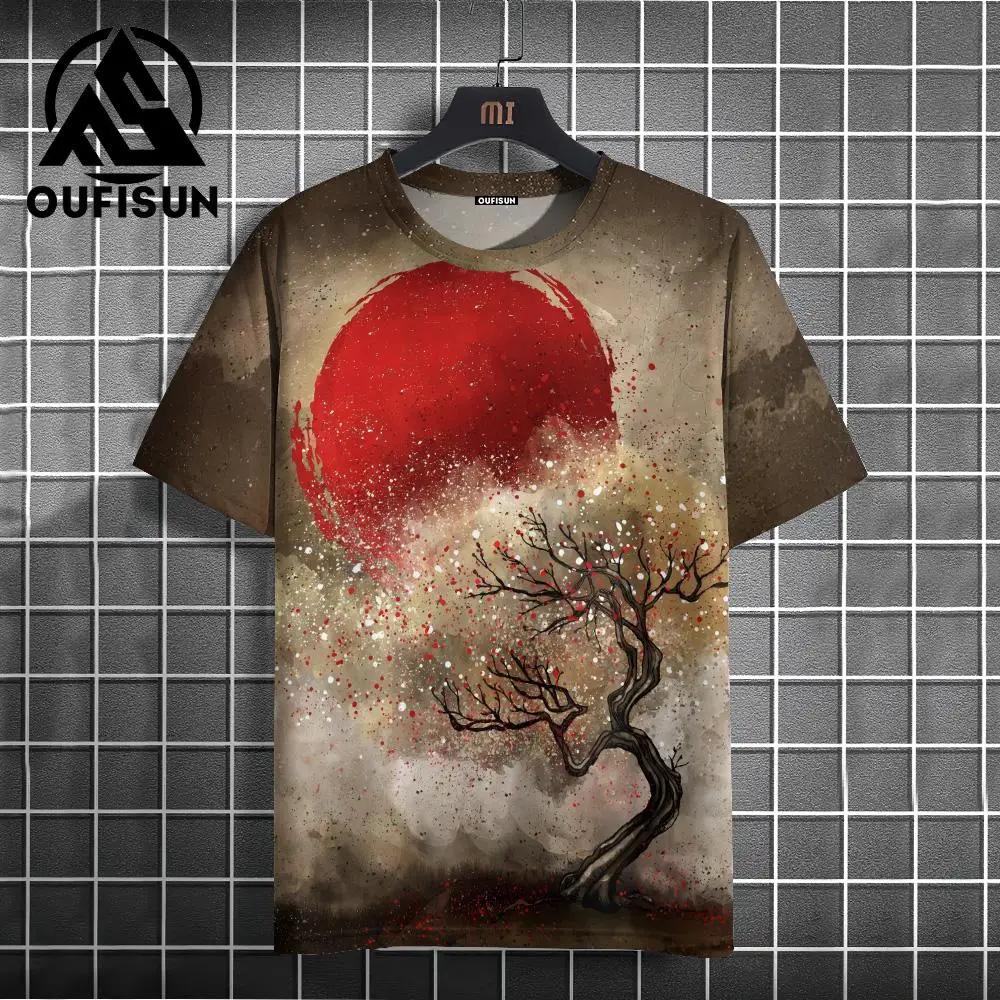 T-shirt för män i japansk stil med tryckt krigarmönster, avslappnade lössittande kortärmade t-shirts, överdimensionerade herrkläder, toppar, sommar