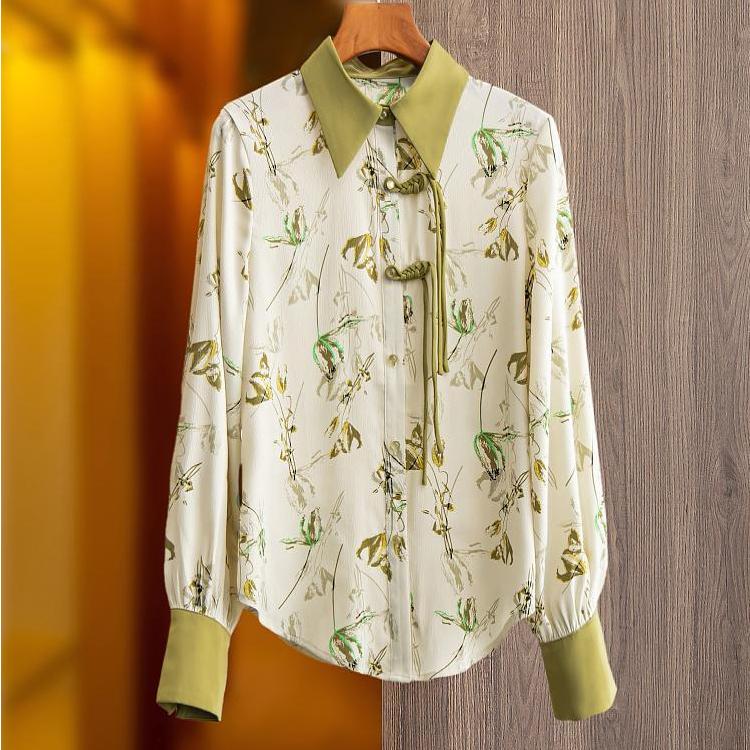 Vintage halenky Dámské tričko s potiskem s dlouhým rukávem 2023 jaro podzimní límec volné módní šifonové halenky
