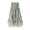 Women's High-Waisted A-Line Irregular Mesh Midi Skirt with Patchwork and Fluffy Hem for Spring/Summer