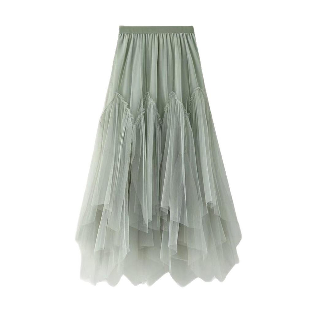 Women's High-Waisted A-Line Irregular Mesh Midi Skirt with Patchwork and Fluffy Hem for Spring/Summer
