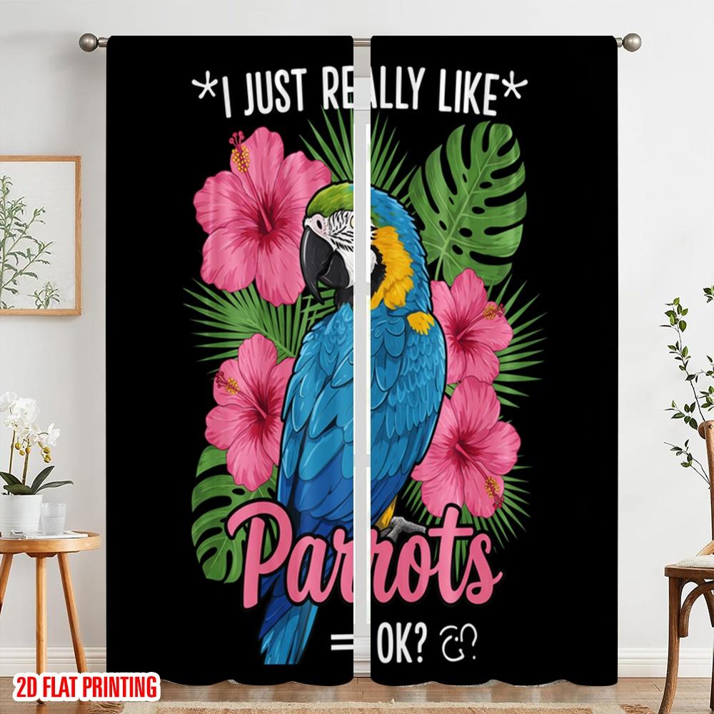 2 τεμ. 2D επίπεδη εκτύπωση Κουρτίνες Παραθύρου Μπλε Κίτρινος Παπαγάλος Τροπικά Λουλούδια 100% Πολυεστερικό Ύφασμα Χωρίς Ηλεκτρισμό Εποχιακό Πάρτι