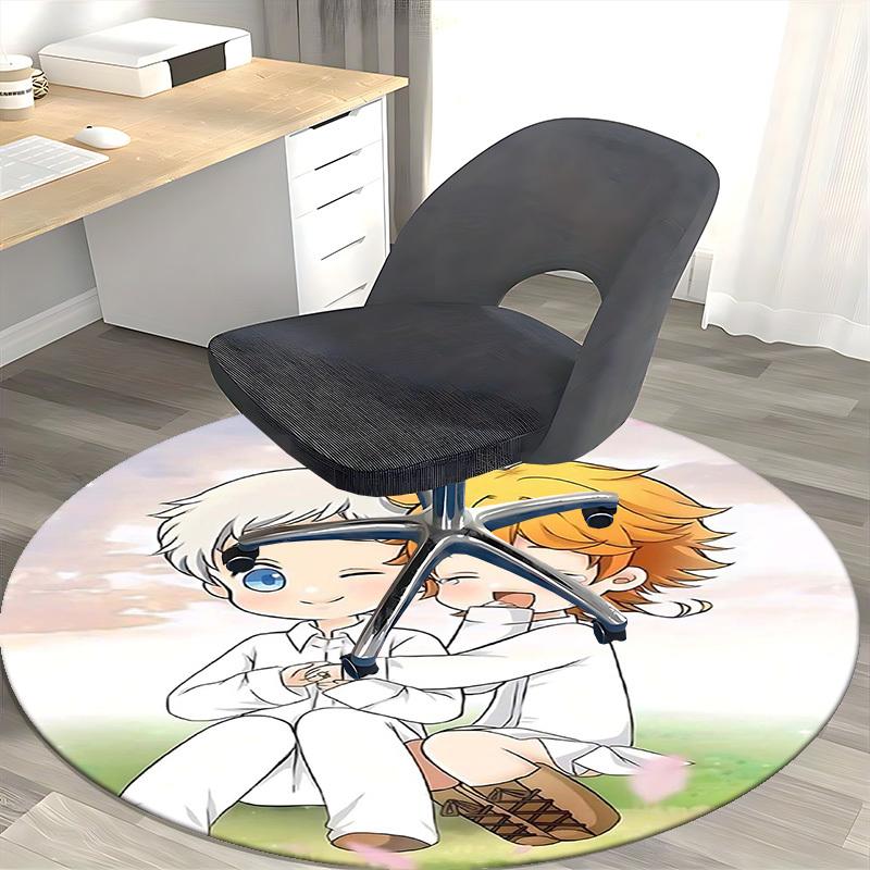 1pc The Promised Neverland Chibi Characters Round Carpet Anime Design Office Chair Mat, Non Slip Rug for Home Decor