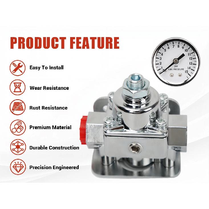 12-804 Fuel Pressure Regulator Carburetor with Gauge Kit 1-4 PSI 3/8IN NPT Port 1-IN&2-OUT Compatible with Holley and Edelbrock