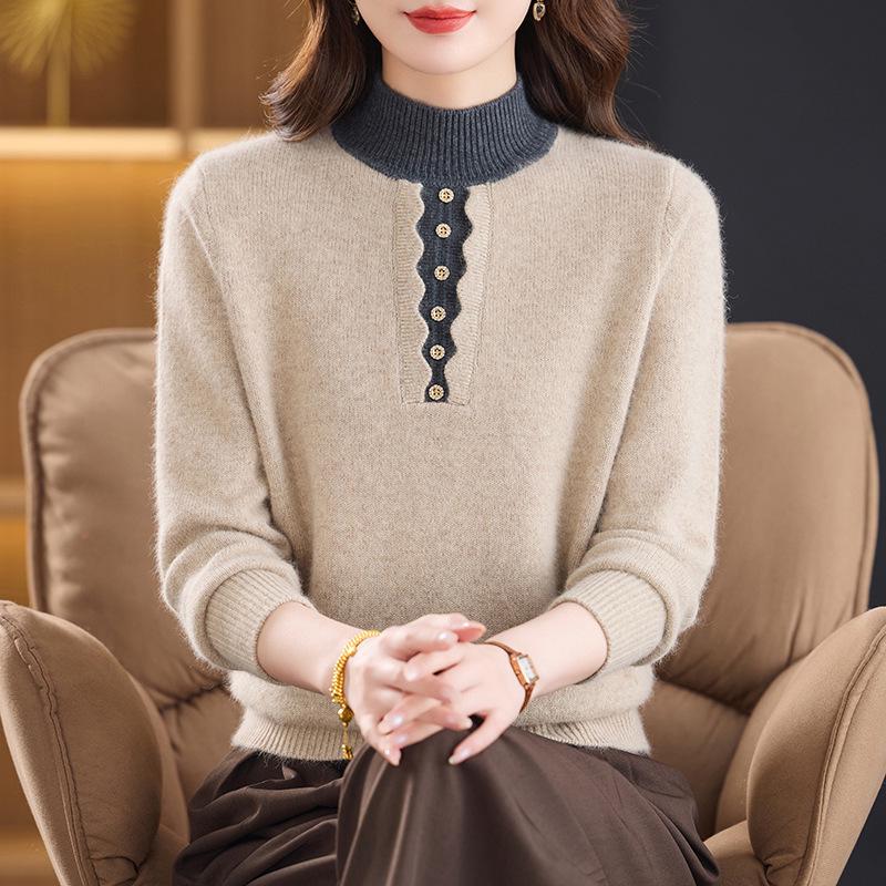 Women's Color Block Plush Wool Sweater with Half-High Collar - Loose, Slimming, Thick Knit Top for Middle-Aged and Elderly Mothers