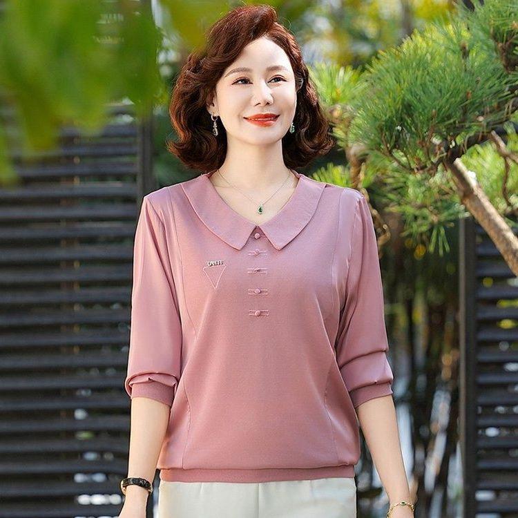 2025 Spring & Autumn Elegant Long Sleeve Lapel T-Shirt for Middle-Aged and Elderly Women - Tummy Covering Base Layer