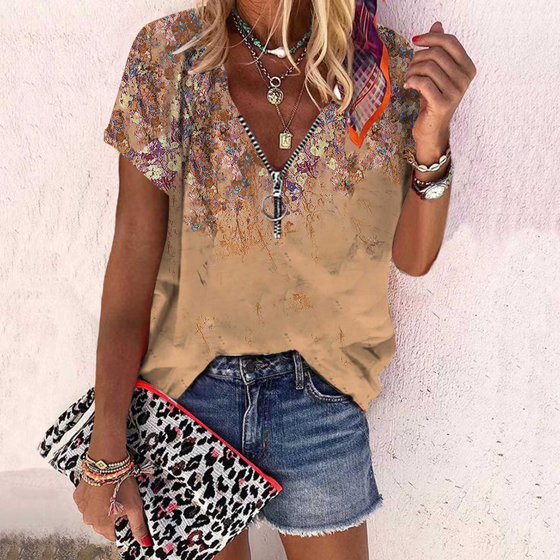 

Женский топ, летняя новая мода, повседневный топ с короткими рукавами и застежкой-молнией с цветочным принтом розы и v-образным вырезом 7XL оранжевый