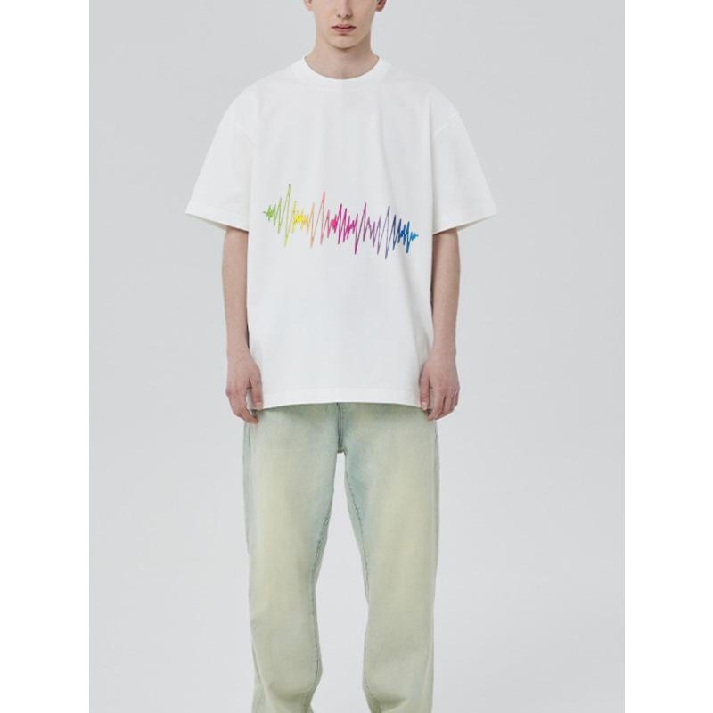 Oversized T Shirt White Rainbow Wave Pattern Print Casual Everyday Wear