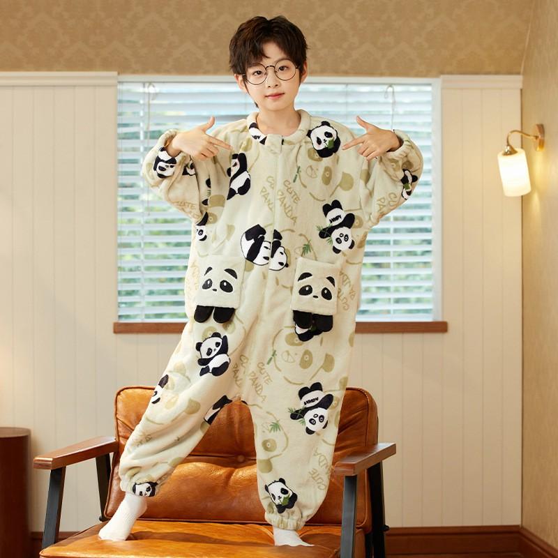 Boys Warm Fleece Pajama Set One-Piece Sleepwear Kids 8 Years Cartoon Print Thick Coral Home Suit