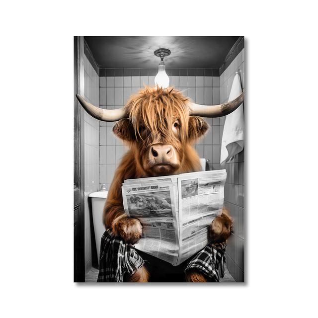 Funny Highland Cow On Toilet Wall Art Poster Prints Rustic Farmhouse Style Canvas Painting Picture for Bathroom Room Home Decor
