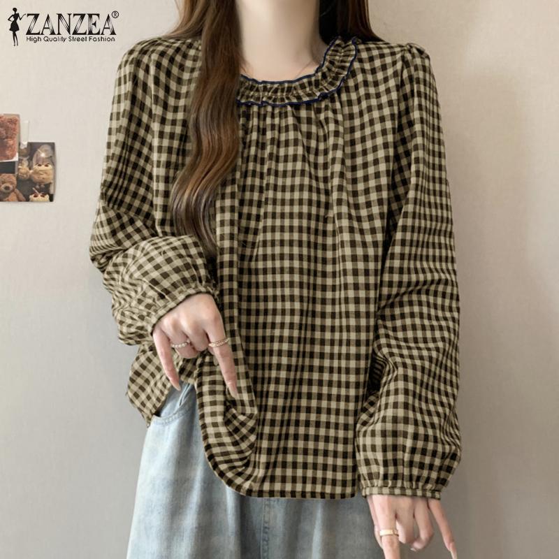 

ZANZEA Women Casual Crew Neck Loose Long Sleeve Plaid Blouse S чёрный