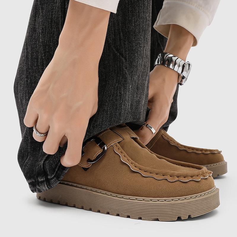 2025 Autumn New Thick-soled Loafu Kangaroo Shoes Men's One-pedal Flat-soled Muffin Bottom Belt Buckle Lazy Single Shoes