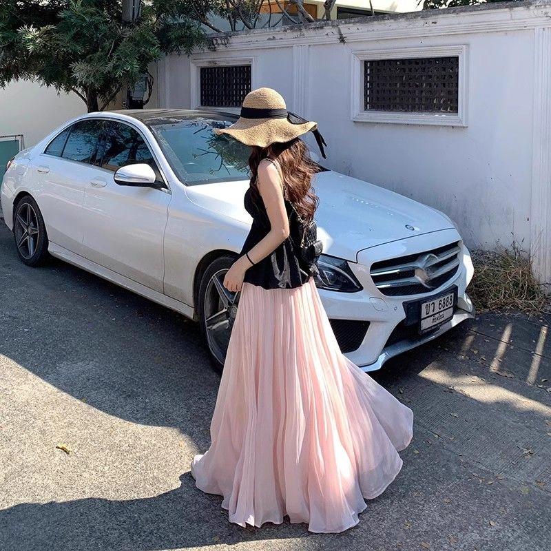 Women's Summer Iridescent Purple Elastic Waist A-Line Maxi Skirt - Draped Flowy Silhouette with High-Waist Slim Fit